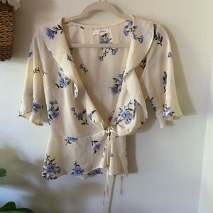 Lydelle Cream Blouse with Blue Floral Accents